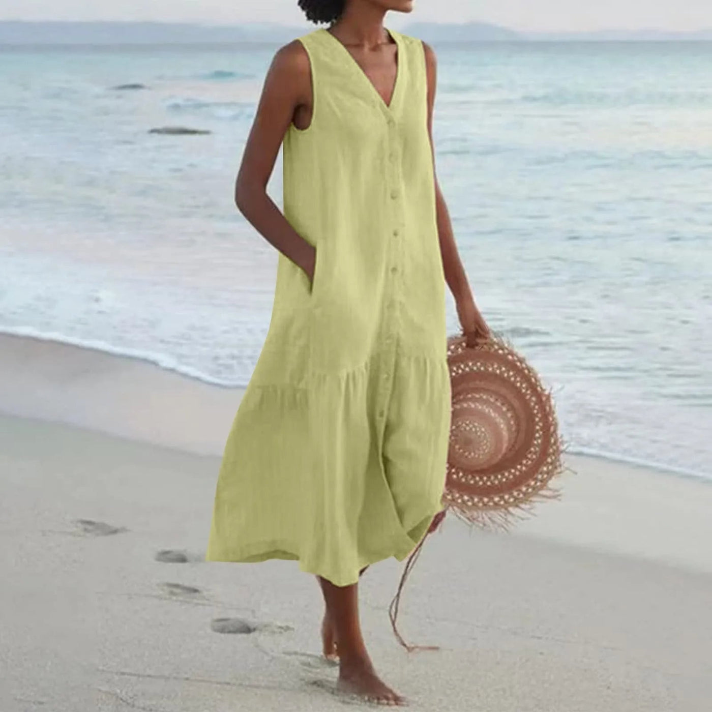 Sleeveless Button-Front Maxi Dress