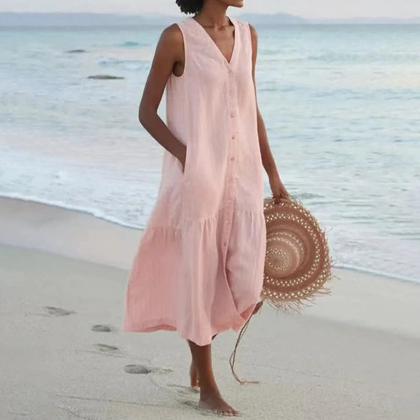 Sleeveless Button-Front Maxi Dress