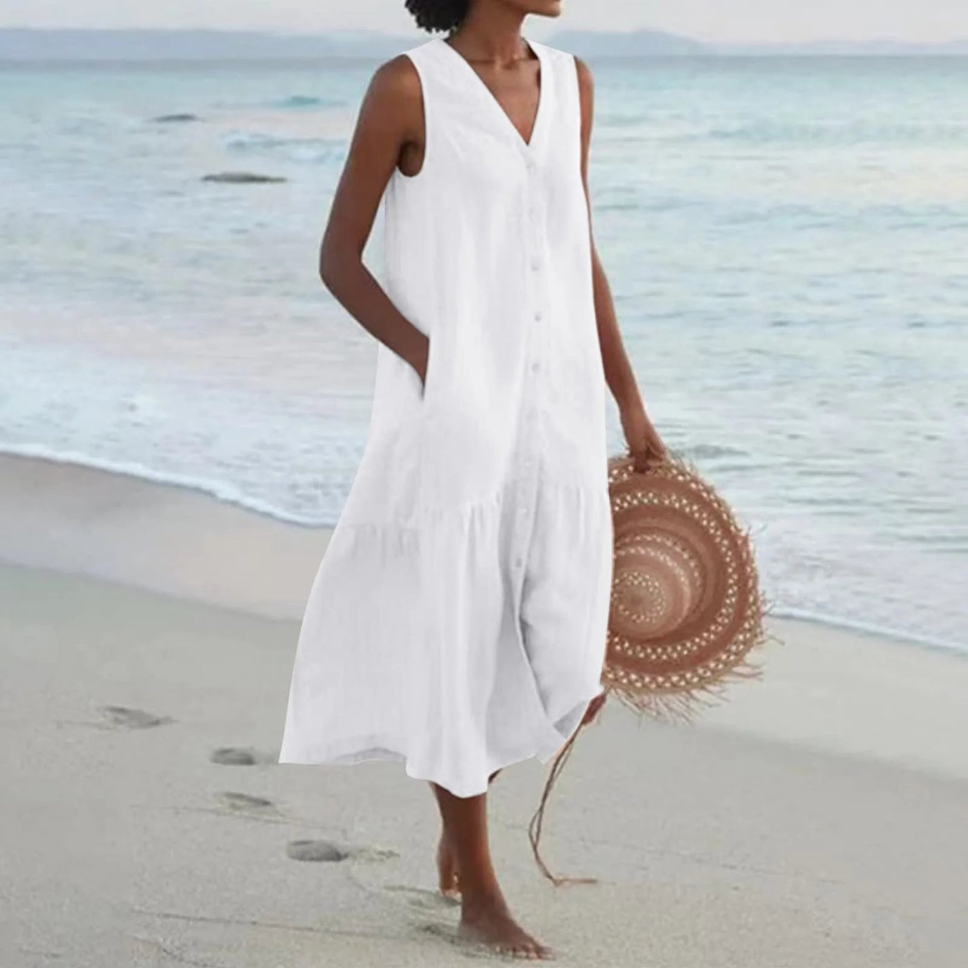 Sleeveless Button-Front Maxi Dress